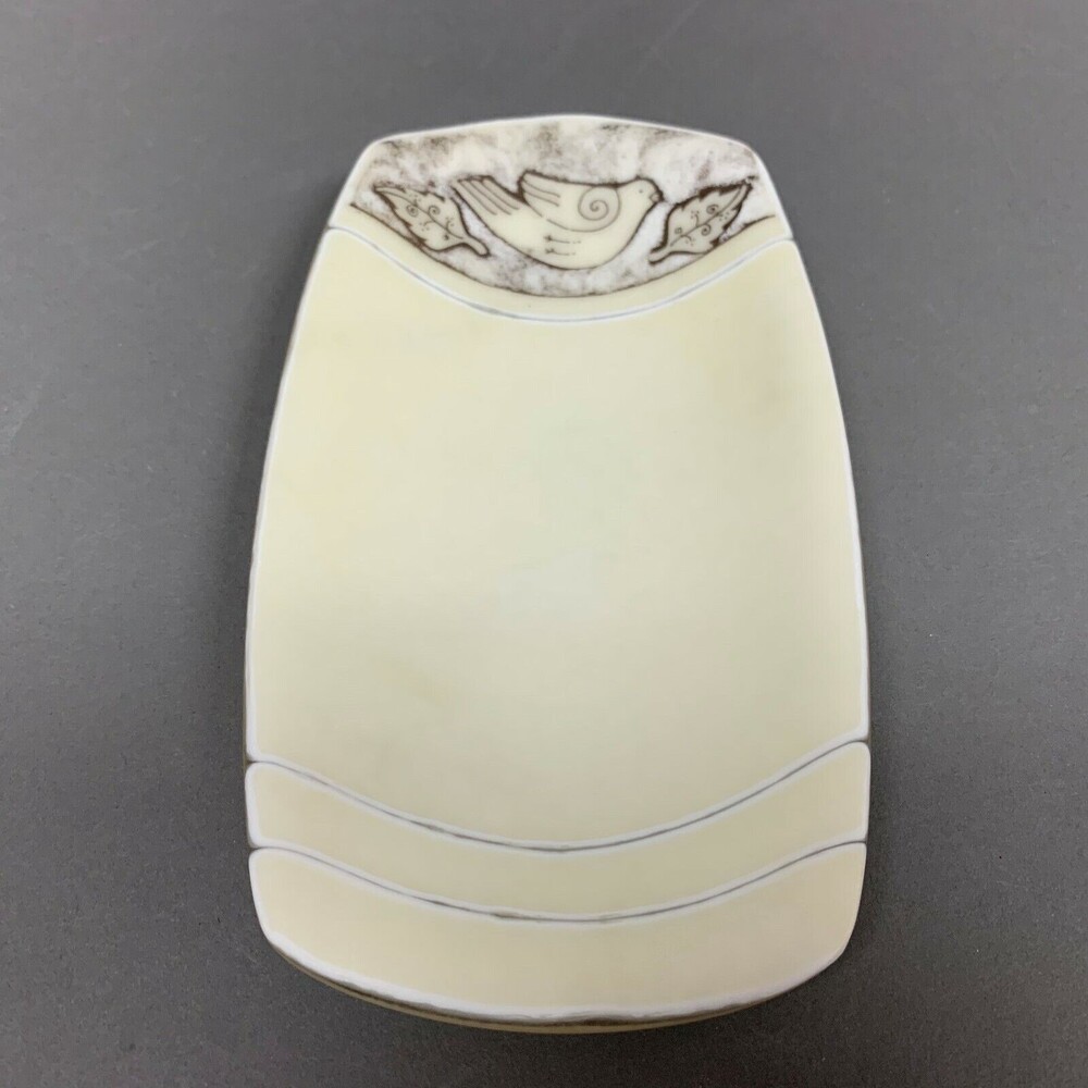 Lynn Latimer Tray Trinket Dish Fused Art Glass Bird Yellow White Brown Signed
